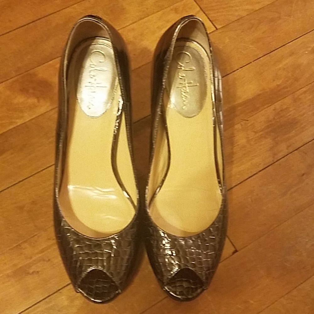 Cole Haan Bronze semi platform open toe heels